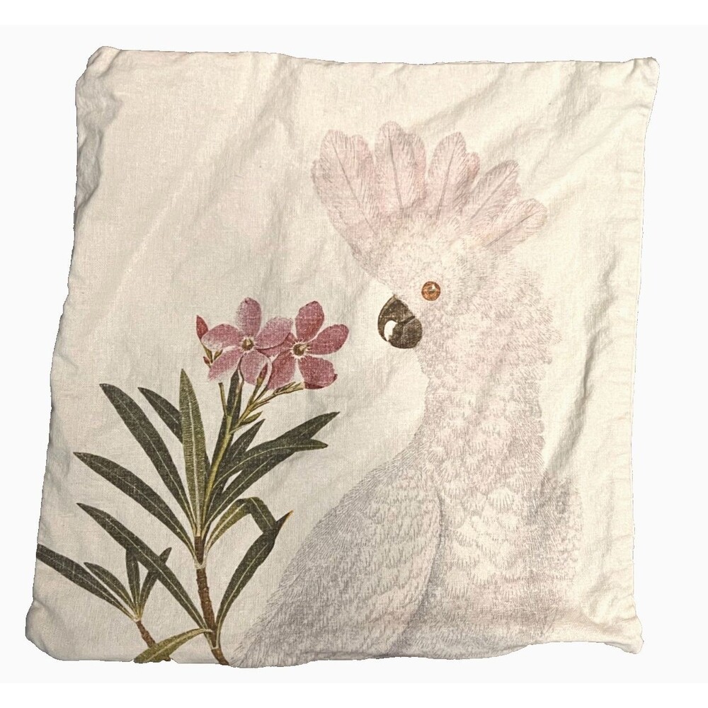 POTTERY BARN 20" Linen Blend Pillow Cover Cockatoo Bird Tropical Floral Cream